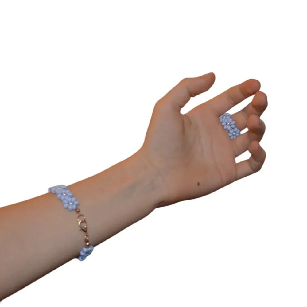 Handmade Set of Bracelet and Ring Girls Purple flower Seed beads Elastic